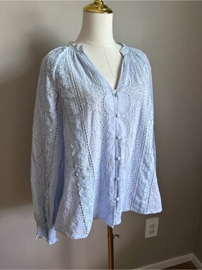 Cotton Light Blue eyelet Lace embroidered Button-Front Women's Top summer